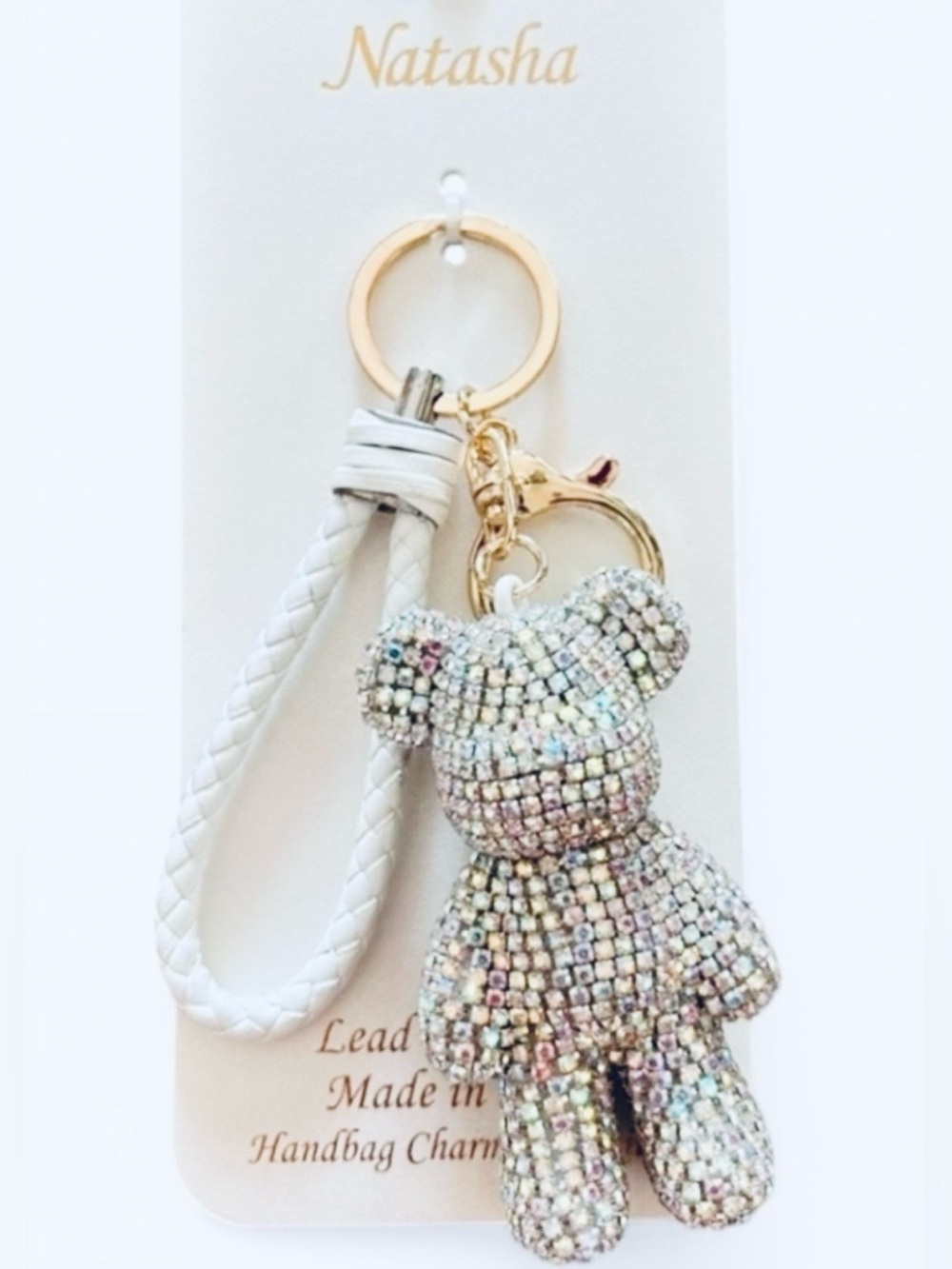 Natasha Iridescent Crystal Teddy Bear Bag Charm or Keychain with Wristlet, NIP